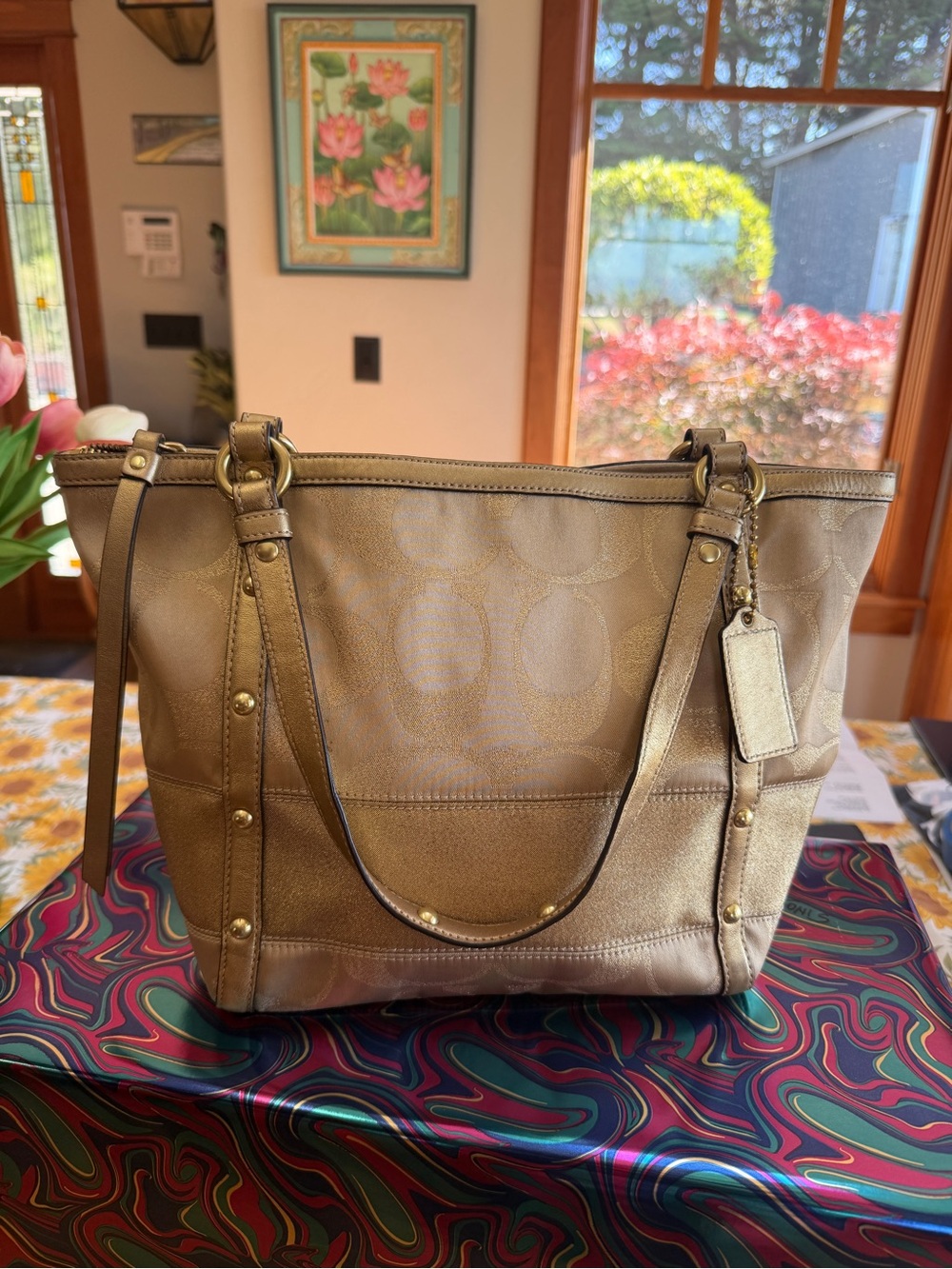 Coach Gold Signature Jacquard Tote with Metallic Trim